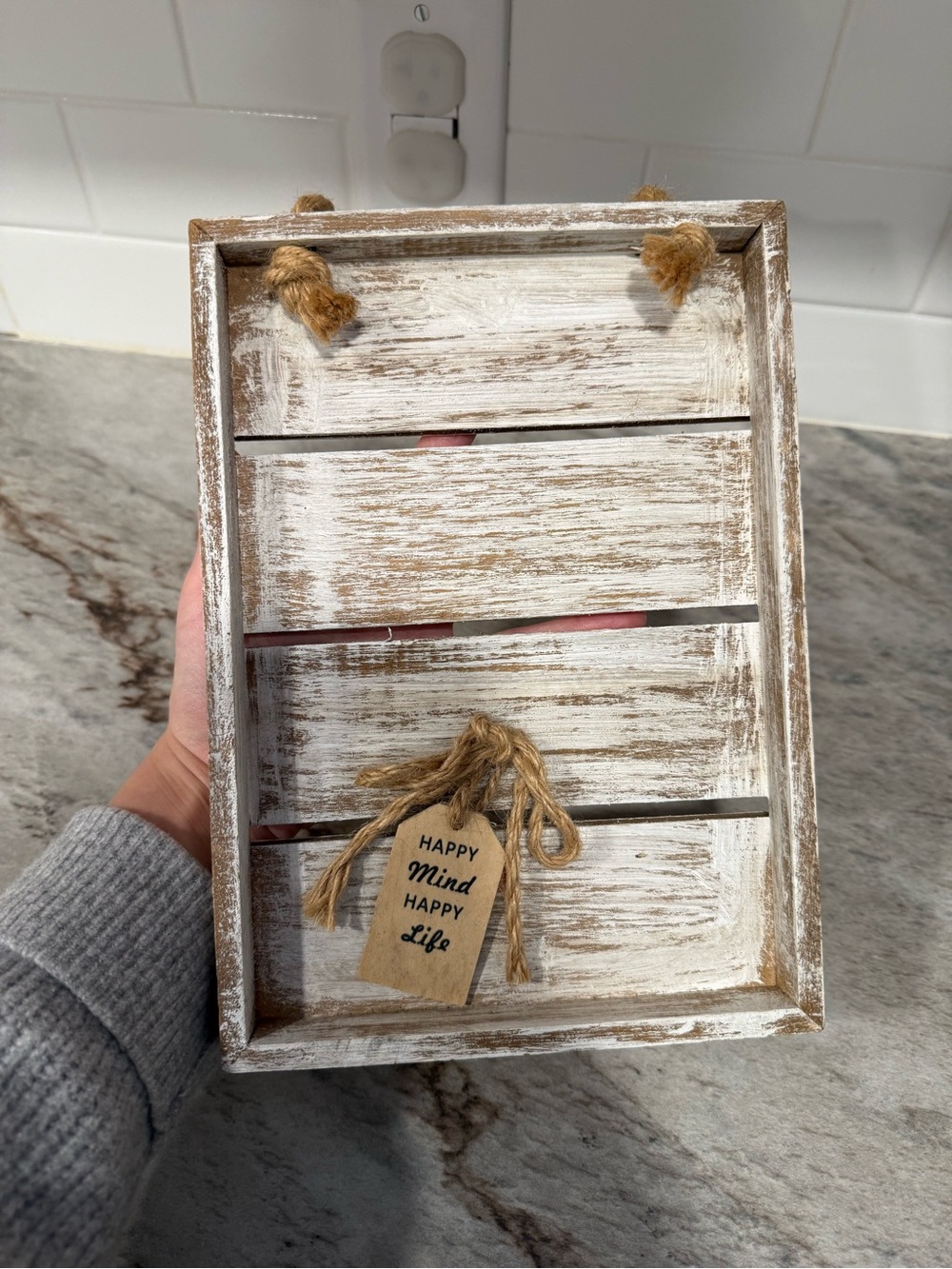 Rustic Whitewashed Hanging Wood Tray with Rope Handles - Home Decor